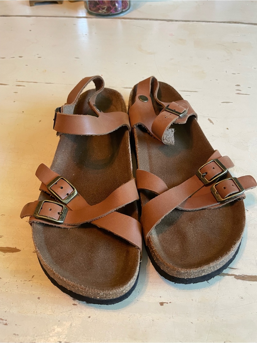 Brown Leather Strappy Buckle Sandals sz 37eu/6.5w
